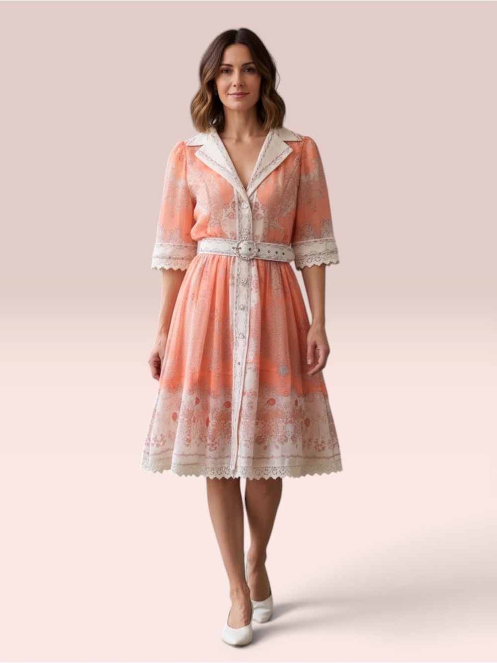 NWT Fatima Floral Belted Lace Midi Dress Coral Paisley Boho Large